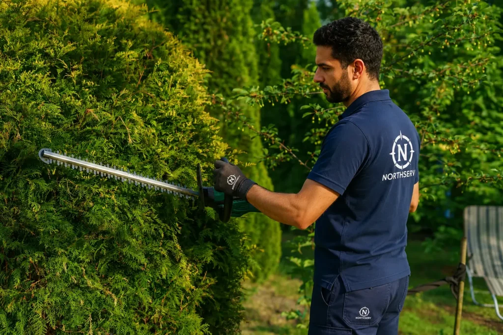 Professionnel utilisant un taille-haie pour entretenir une haie de jardin