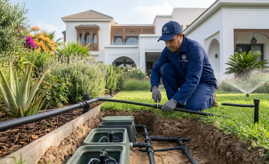 Technicien de la société Northserv en uniforme bleu marine, agenouillé à côté d'une tranchée pour installer les tuyaux d'un système d'arrosage automatique dans le jardin d'une villa à Tanger.