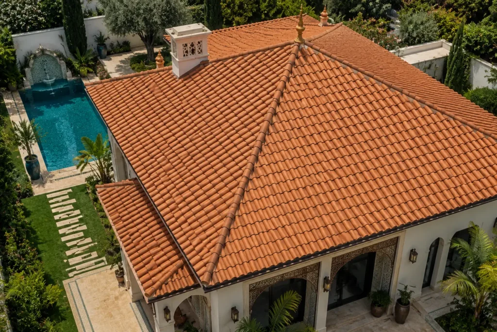 Vue plongeante sur le toit en tuiles de terre cuite ocre d'une villa marocaine moderne, nettoyé et rénové, entouré d'une piscine et d'un jardin paysager à Tanger.